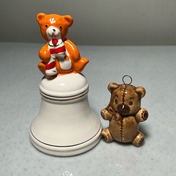 Vintage Ceramic Bear with Candy Kane on Top Bell and VIntage Bear Ornament - Picture 1 of 7